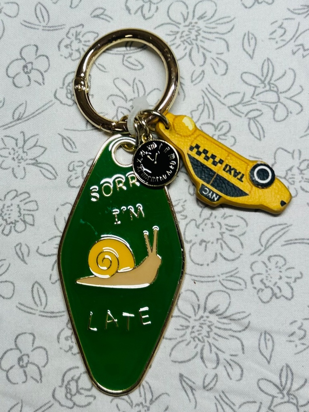 Sorry I'm Late Snail Novelty Keychain Green Gold Tone Charm